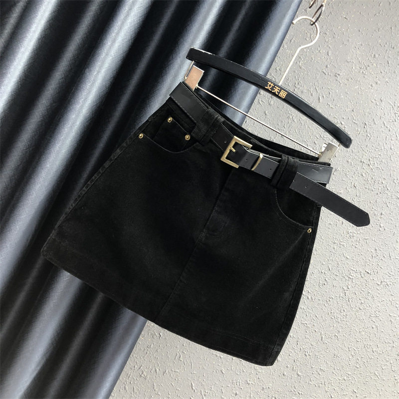Chân váy ngắn chữ A ôm hông chất liệu nhung tăm, kiểu mới mùa thu đông, có túi, chống lộ — Kaki, Màu nâu, màu đen chi tiết 13