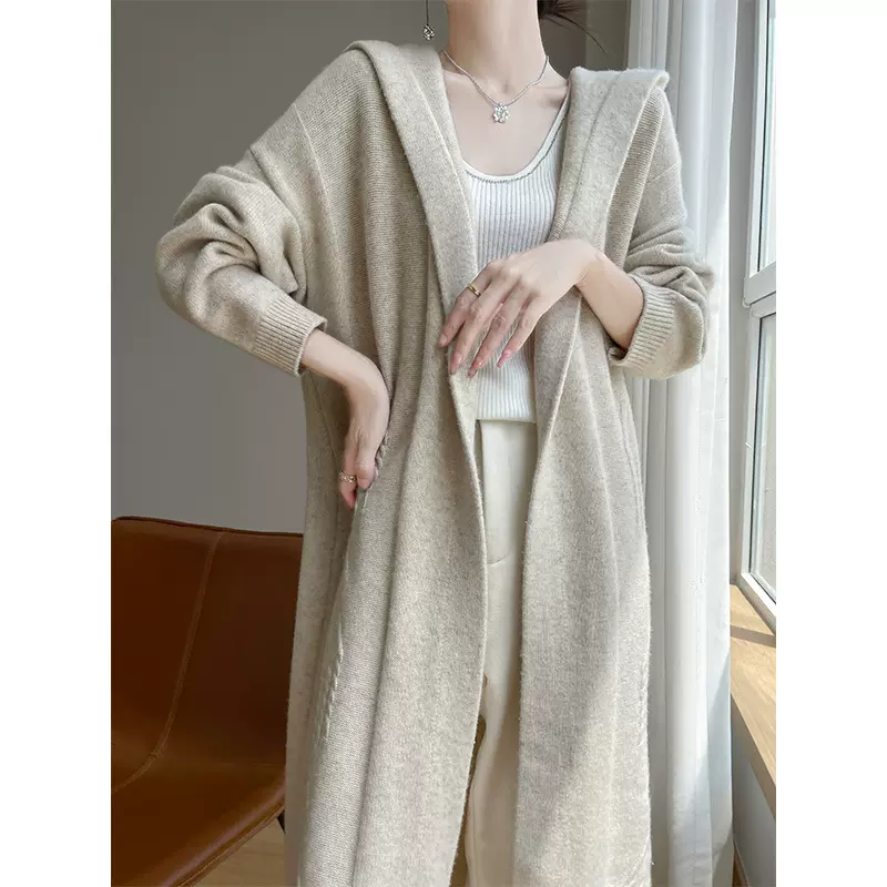 秋冬外搭纯羊毛连帽长款毛衣开衫外套女宽松慵懒过膝加厚针织大衣