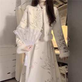 秋冬新中式国风复古改良旗袍碎花连衣裙毛边拼接短款外套时尚套装