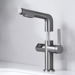 Copper pull-down adjustable bathroom sink faucet with digital display, gun gray, cold and hot hand basin faucet for home use