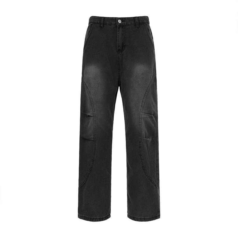 Men's Retro Patchwork Curved Blade Jeans mid Waist Loose Straight Leg Slightly Flared Pants Autumn/Winter American Style Blue_mkmklike.com