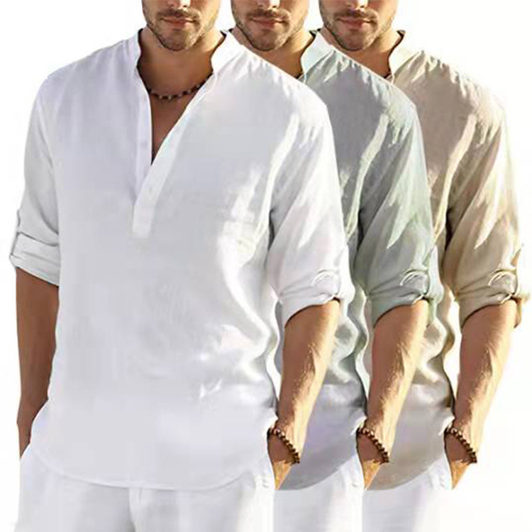 2025 New Model Independent Foreign Trade European and American Men's Casual Cotton-Linen Solid Color Long-Sleeve Shirt with Loose Stand Collar 2025 New Model Independent Foreign Trade European and American Men's Casual Cotton-Linen Solid Color Long-Sleeve Shirt with Loose Stand Collar