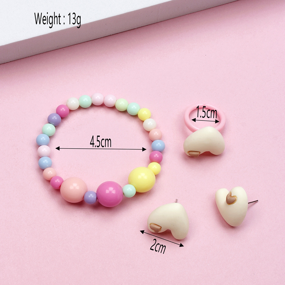 Cute Heart Shape Resin Beaded No Inlaid Rings Bracelets Earrings 3 Piece Set