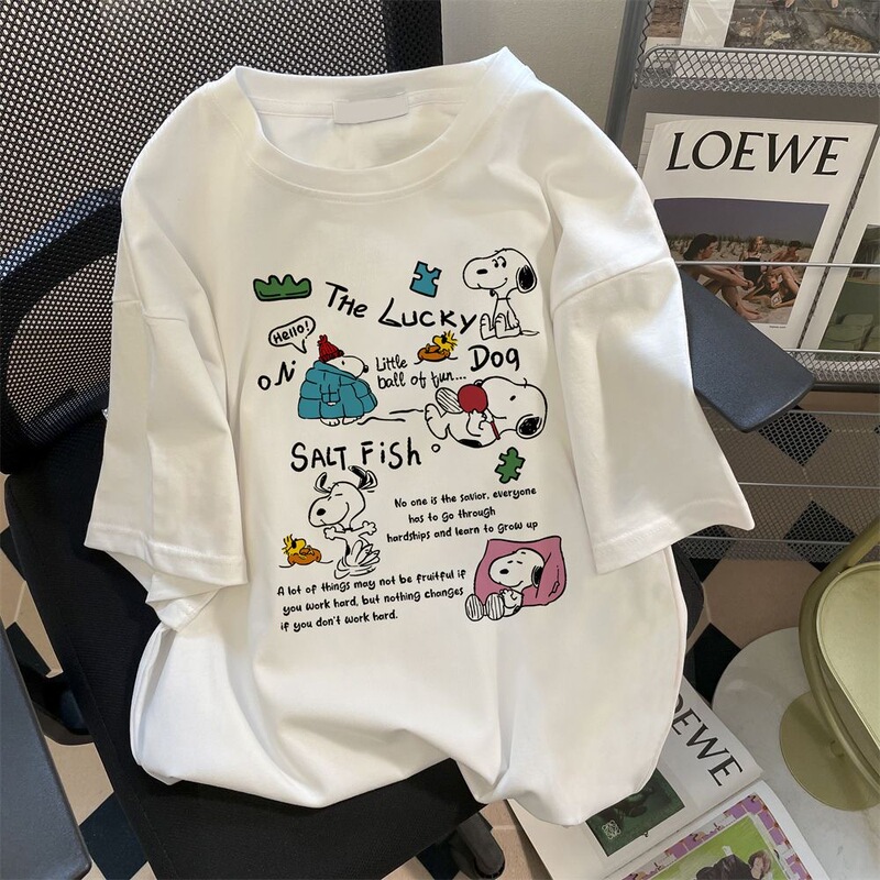 Korean and Japanese New Style Snoopy Cartoon Print Loose Short-Sleeve T-Shirt for Women, Korean Version Round Neck Versatile Casual Top for Women Trendy