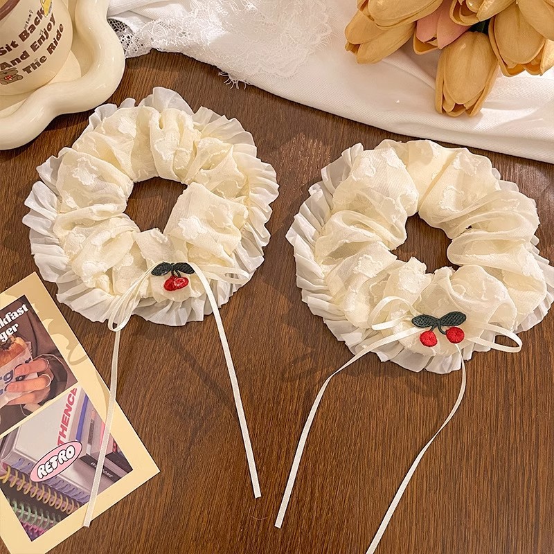 Embroidered Cherry Scrunchie With Lace Tie For Hair Accessory_voghion.com