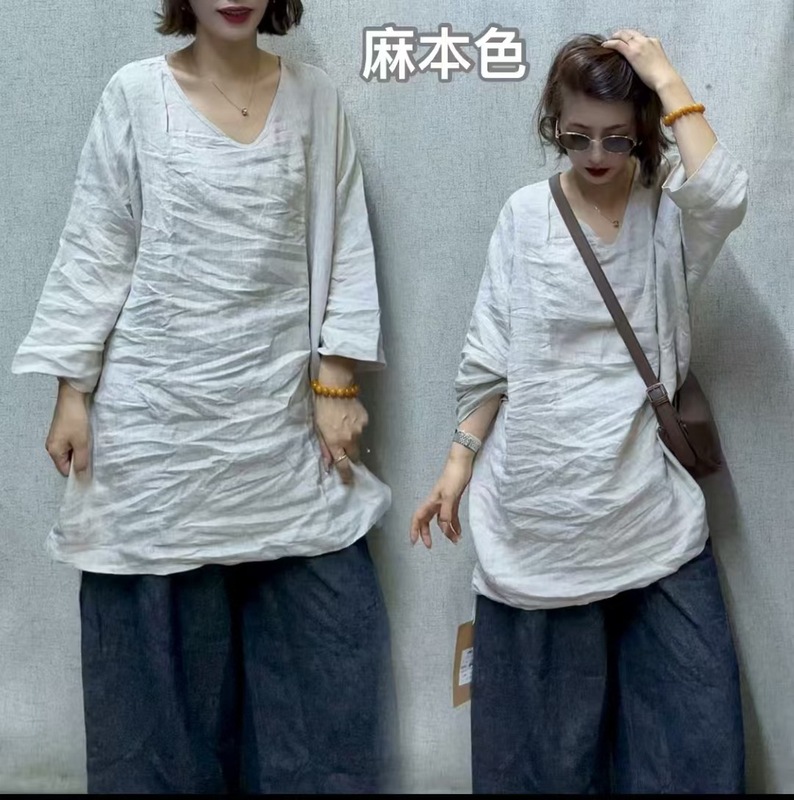 2025 秋季新款v领大版亚麻衬衫文艺风 宽松版衬衣|undefined