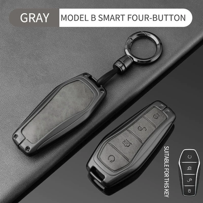 Key Holder for Women, Car key bag - double-sided-leather-byd-model-b-gun-gray-round-buckle