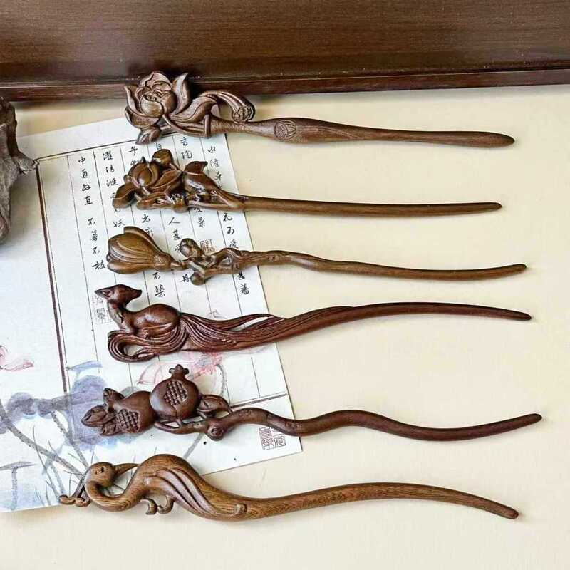 Sandalwood Hairpin U-shaped Hairpin Cute Cat Hair Hairpin Women's Antique Cheongsam Hanfu Hair Headwear