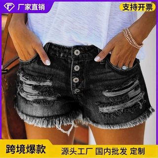 跨境爆款【有A+图】亚马逊 TEMU 希音女式破洞排扣黑色毛边牛仔裤