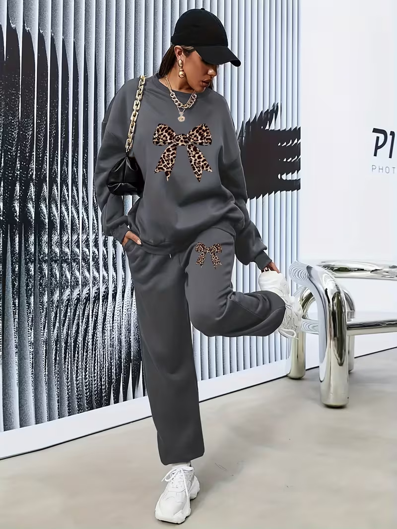 Women's Fleece Lined Sports Set Bow Print Casual Top Drawstring Jogging Pants Autumn Winter European American Style Print_ecoleips.com