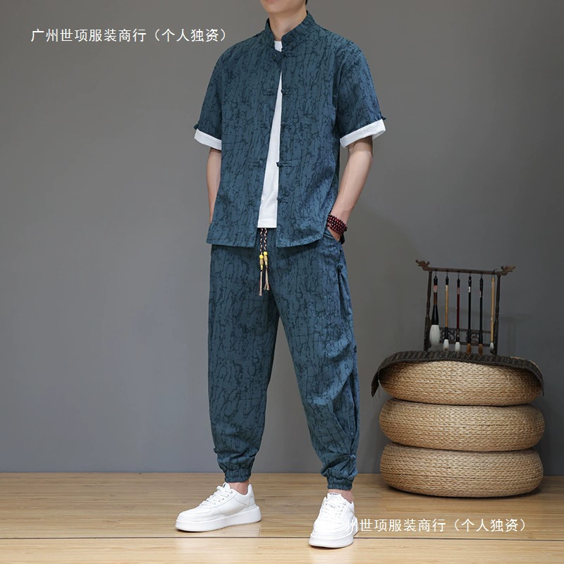 Летний хлопок и лен в китайском стиле, тонкий мужской костюм Hanfu на пуговицах с короткими рукавами, модный свободный костюм Тан с короткими рукавами, модный
