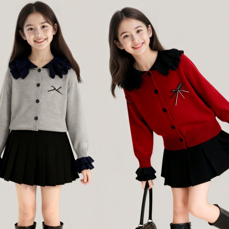 Girls' Sweet Doll Collar Red Knitted Cardigan 2026 New Style Girls' Woolen Coat Thickened Base Layer Top