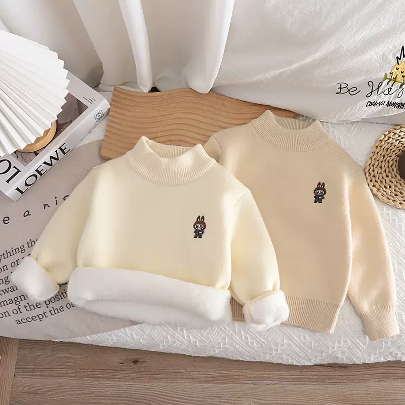 男童一体绒加厚毛衣2025秋冬儿童保暖针织衫中童圆领