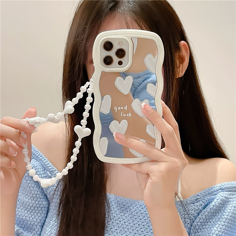Чехол для телефона (Apple) для iPhone 11–17 и X серии, тыльная стенка-волна с мотивом сердца, опциональная цепочка