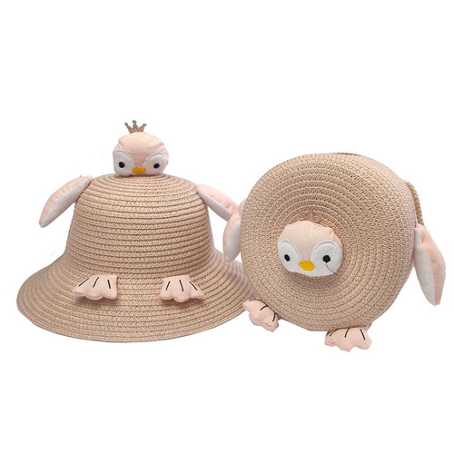Summer Children's Straw Bag  New Crossbody Penguin Round Bag Mini Coin Purse Beach Bag Hat