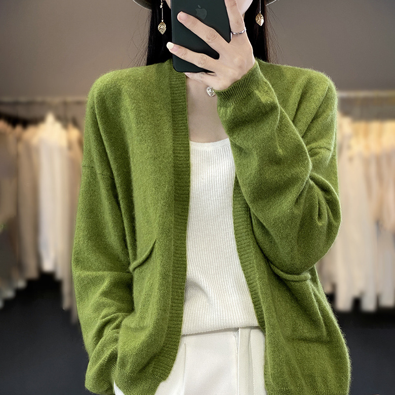 Spring and Autumn New cardigan women's solid color V-neck sweater with pocket thin top loose slimming sweater versatile temperament