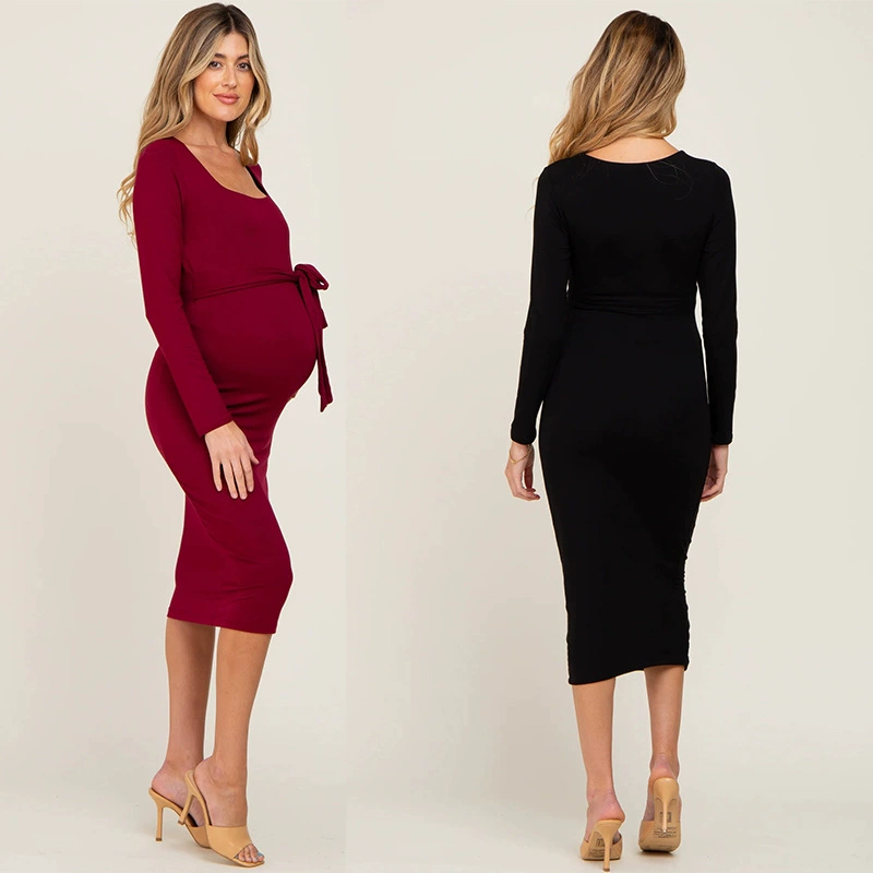 Long-sleeve, belt for pregnant, dress, direct factory sales, (Cross-border trading), square neckline