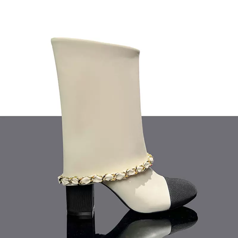 真皮小香风拼色链条粗跟裤管靴女秋冬新款超显瘦斜口中筒时装靴子