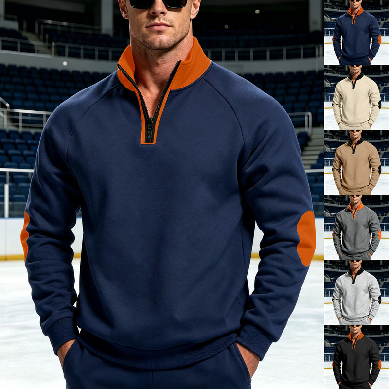 Cross-border European and American Amazon men's new stand-up collar patchwork long-sleeve fleece-lined warm top with zipper collar sweatshirt