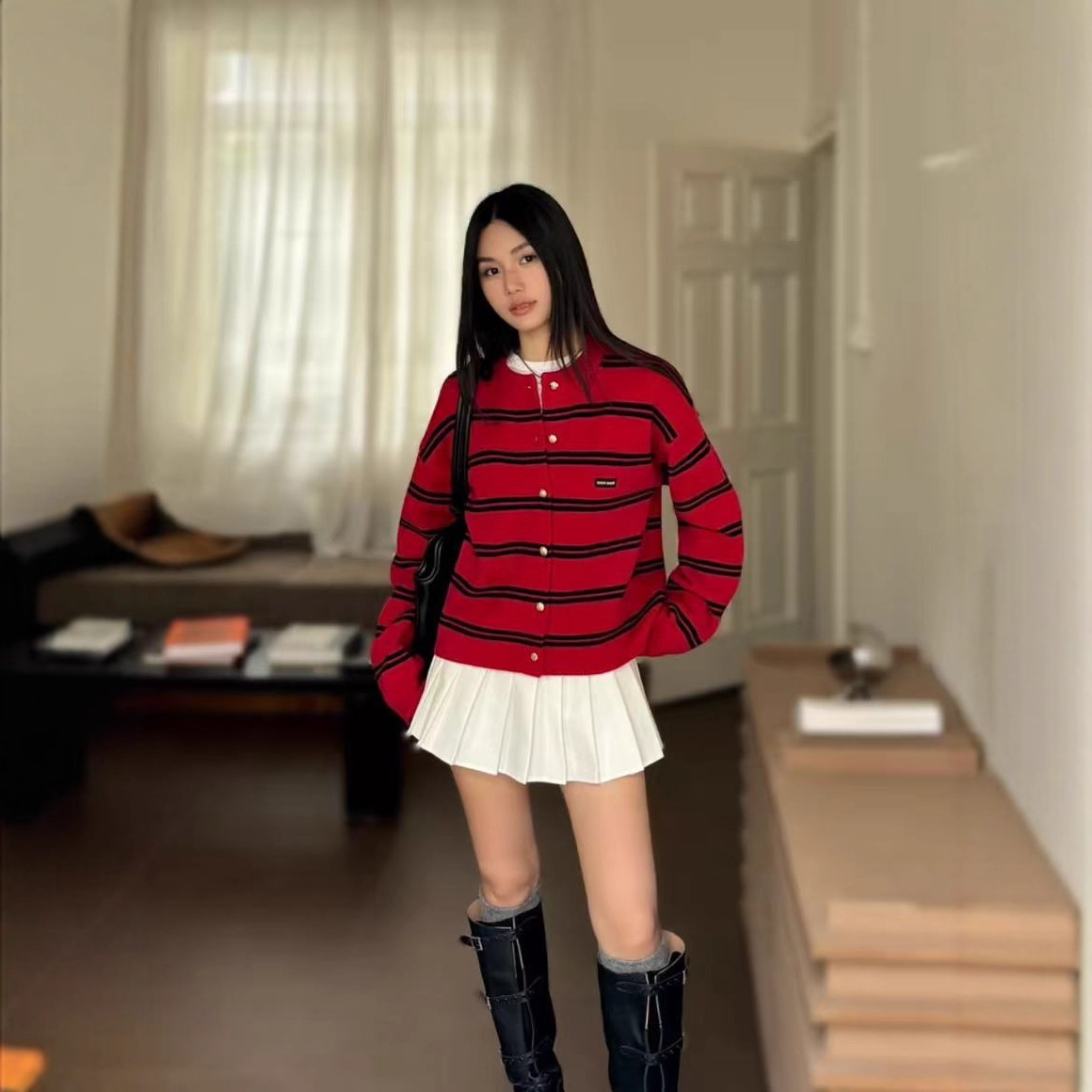 南油女装M家25新款秋季休闲百搭纹圆领条纹羊毛针织长袖开衫女