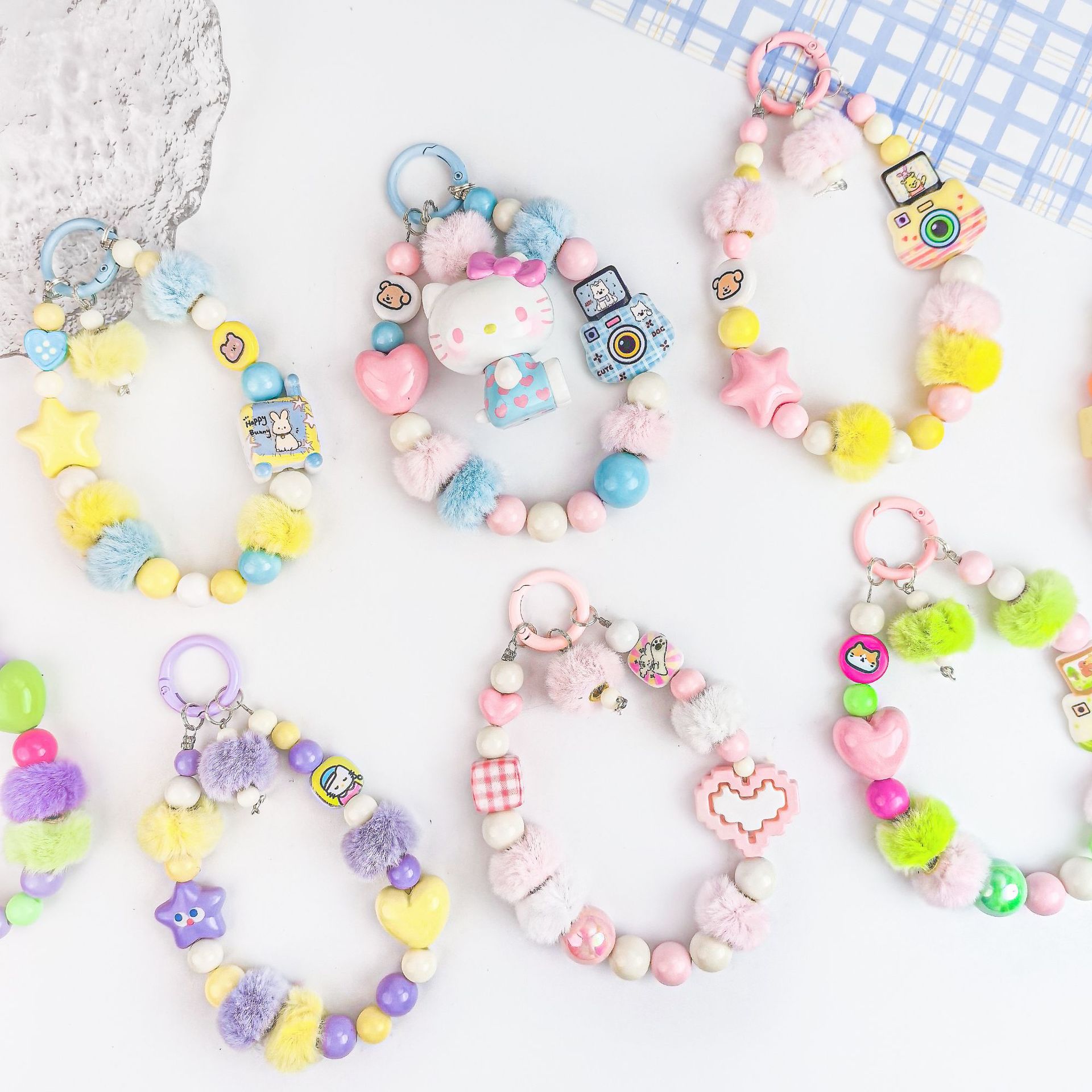 Cute DIY Dopamine Beaded Autumn/Winter Plush Sheep Horn Phone Chain Live Streaming Phone Pendant Bag Hanging Item