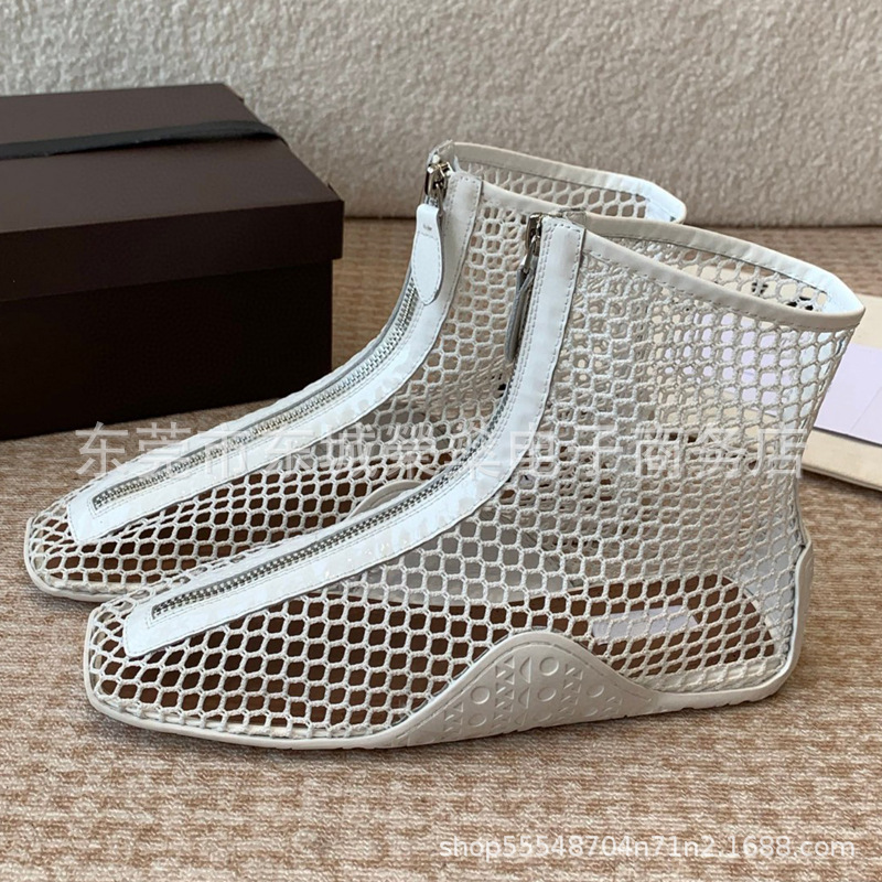 2025 Spring and Summer New Fashionable Square Mesh Hollow Short Boots Women's Flat Zipper Ballet Hole Sandals Shoes