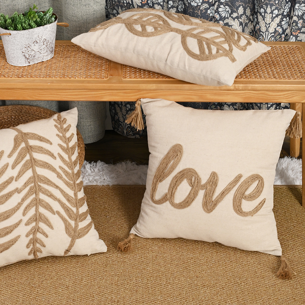 Funda de almohada bordada con cuerda de cáñamo nórdico transfronterizo Espiga colgante de cuatro esquinas Almohada pastoral retro Sala de estar Almohada de sofá Almohada de cintura