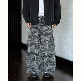 美式复古弯刀廓形多口袋迷彩牛仔裤男女高街垂感水洗显阔腿工装裤