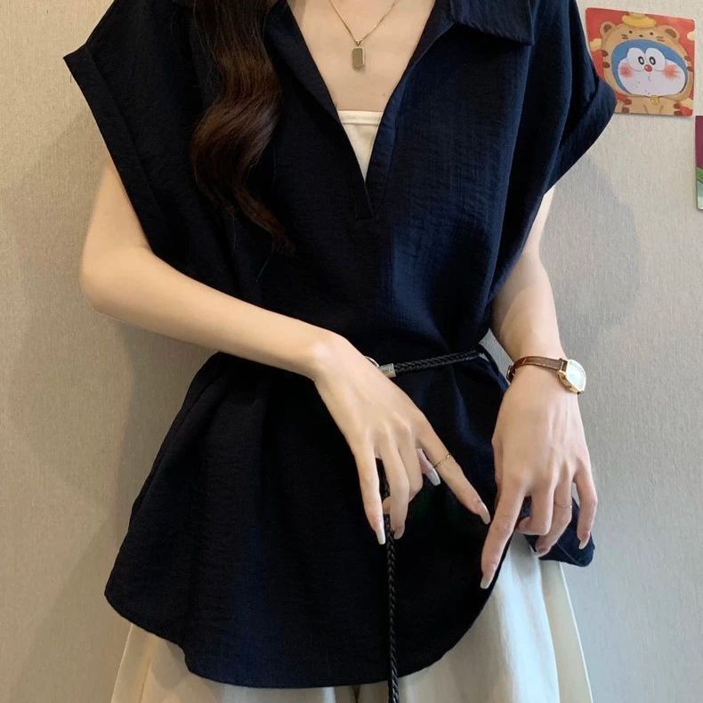 Designed with a V-Neck and Fake Two-Piece Effect, This Slimming Tie-Style Shirt for Women in Summer, Plus-Size Tops for Women, New Style with a Cinched Waist Designed with a V-Neck and Fake Two-Piece Effect, This Slimming Tie-Style Shirt for Women in Summer, Plus-Size Tops for Women, New Style with a Cinched Waist