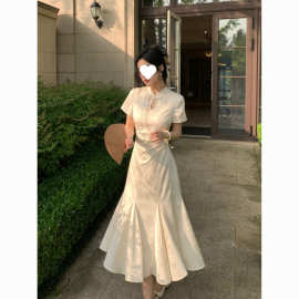 2025新款 月下花影 气质长裙新中式提花旗袍鱼尾裙摆国风连衣裙女