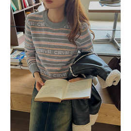 GNY十三行韩版女装批发时尚圆领套头宽松字母条纹针织衫长袖毛衣