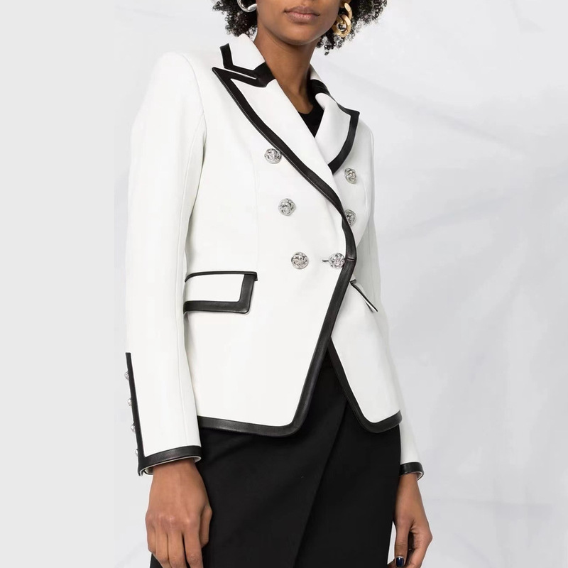 2023 autumn and winter new PU leather stitching printed high quality contrast leather silver buckle small suit cross-border jacket