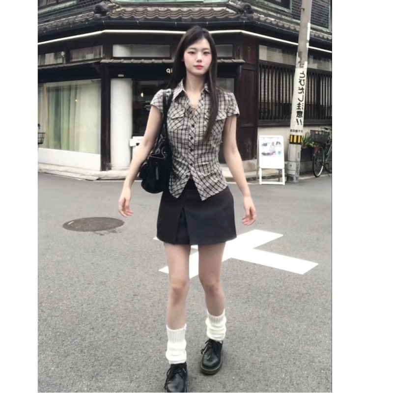 MR【原版格子】韩系复古格子掐腰衬衫女夏季设计感修身短款衬衣上|undefined