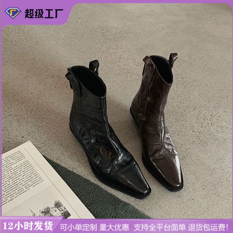 严选葡萄妈尖头V口复古西部牛仔靴粗跟马丁靴女短靴女冬款瘦瘦靴