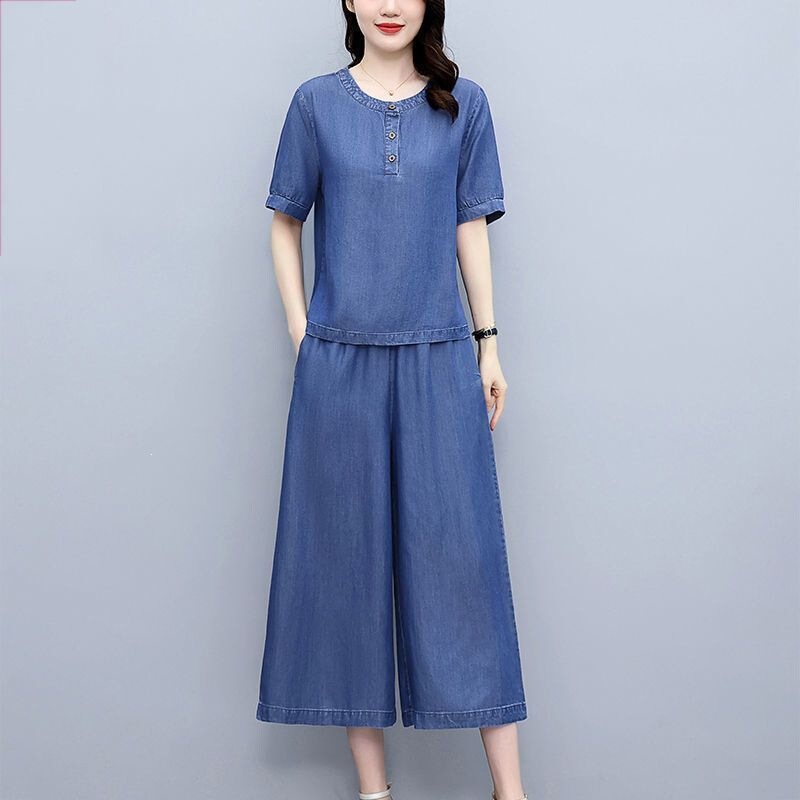 2026 New Summer Denim Suit for Women, Middle-Aged Mom Fashion, Stylish Denim Pants, Round Neck Button-Up Top for Women