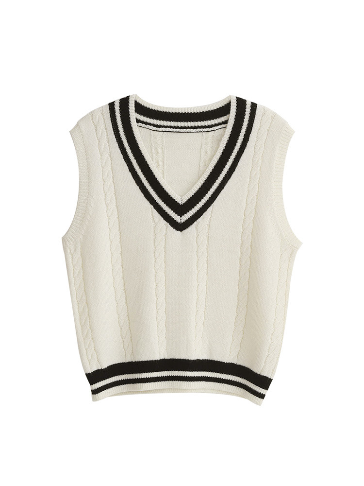 College-Stil kontrastierende Farbe V-Ausschnitt Strickweste für Frauen im frühen Frühjahr, 2024 neuer Stil, oben gestapelt, kann_voghion.com