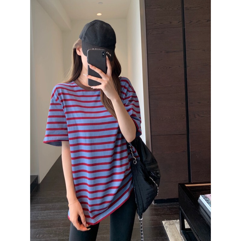 Casual oversized boyfriend style loose slimming large T-shirt with stripes, short-sleeved for women, new for spring/summer 26 H042722