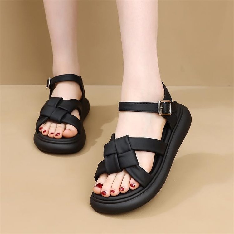 Sandalias deportivas para mujer verano 2024 nuevo estilo romano de fondo plano tejido suave ligero zapatos de playa antideslizantes para estudiantes