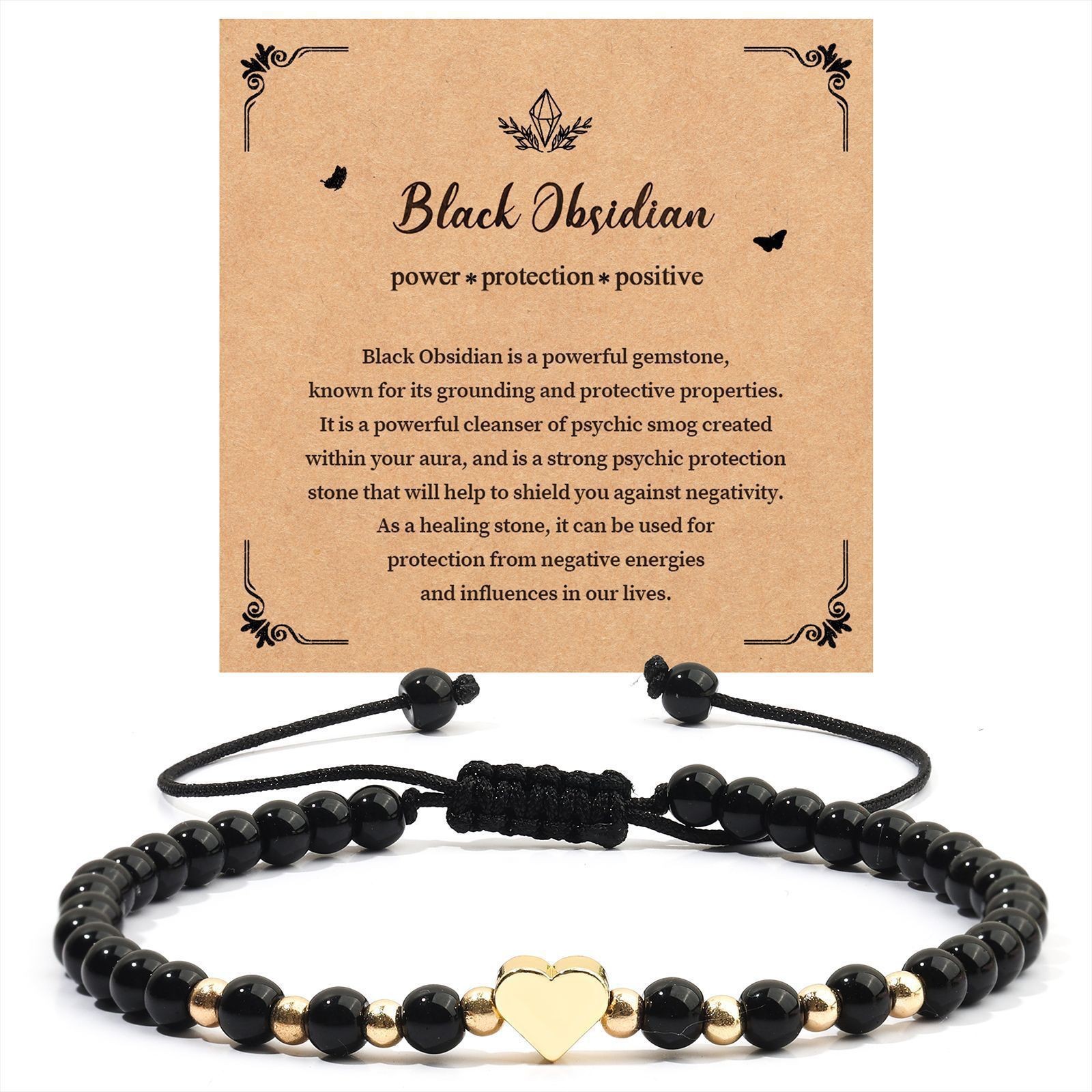 Lucky Heart Crystal Bracelet with Gold Spacer Beads 4mm Amethyst Black Matte Bracelet Heart Obsidian Beaded Bracelet