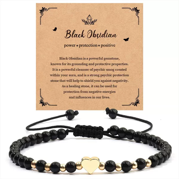 Lucky Heart Crystal Bracelet with Gold Spacer Beads 4mm Amethyst Black Matte Bracelet Heart Obsidian Beaded Bracelet
