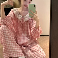跨境外贸爆款韩版甜美大翻领蕾丝花边睡衣女春秋外穿家居服女套装