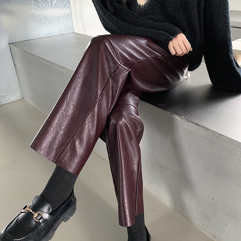 Angora Red Pu Leather Pants 2025 Autumn New High Waist Nine-Point Drape Temperament Casual Pants Slimming Easiest for Match Straight-Leg Pants