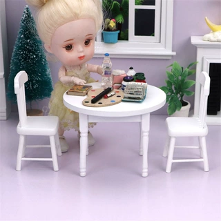 1：12dollhouse娃娃屋diy迷你微缩食玩场景模型木质白色圆桌套装