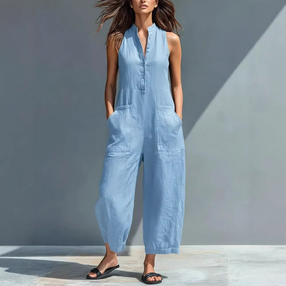 Women's Casual Sleeveless Stand Collar Jumpsuit with Pockets Fashionable Romper for Ladies_voghion.com