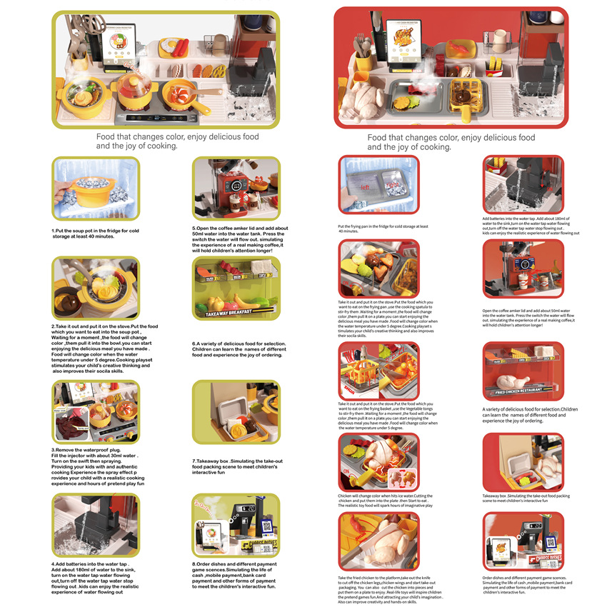 Transfronterizos infantiles simulación sonora y luz pulverización de agua cocina mesa de comedor placa de hierro parrilla pollo frito comida rápida juguete carro