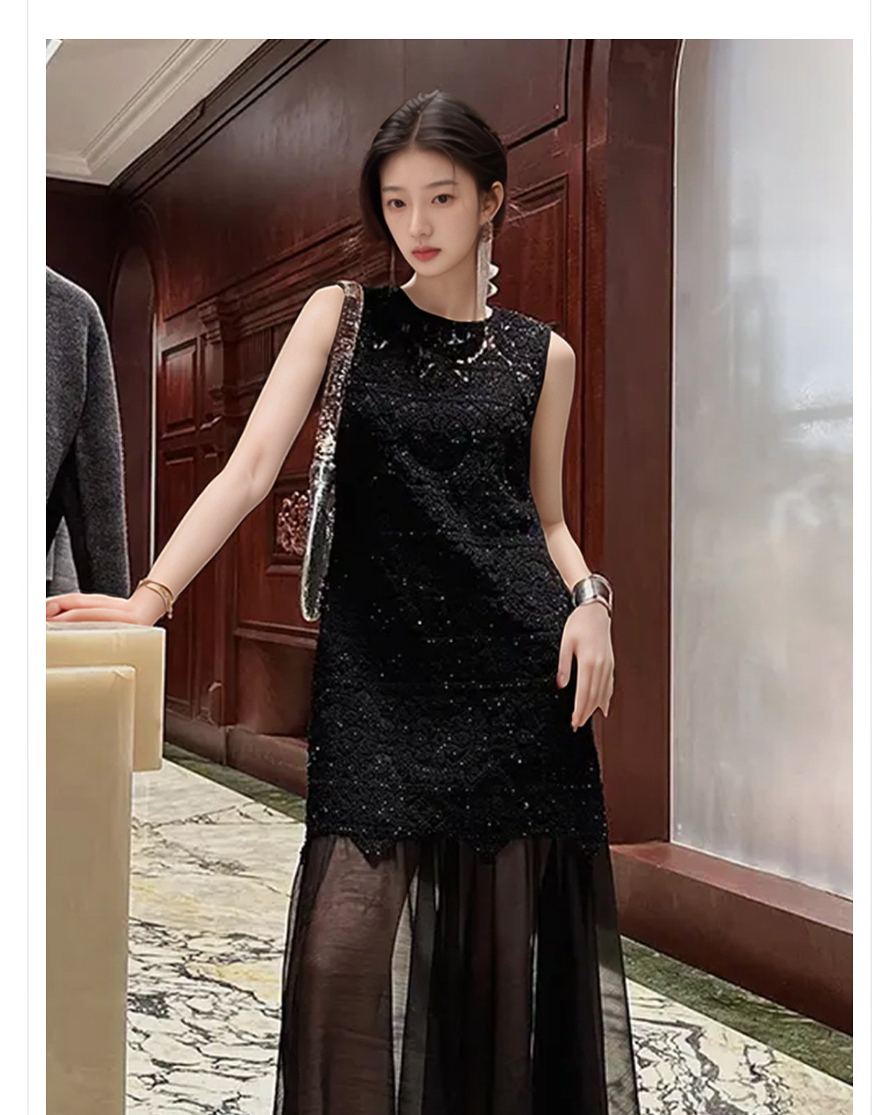 Đầm maxi nữ thêu ren chắp vá phong cách chinoiserie tay ngắn — Màu đỏ san hô, Màu trắng be chi tiết 2