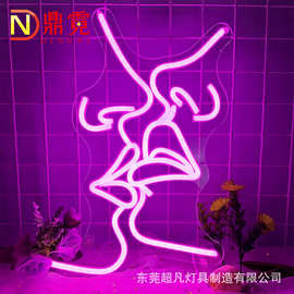 跨境led霓虹灯粉红色吻图案造型灯氛围装饰挂灯节日布置夜灯批发