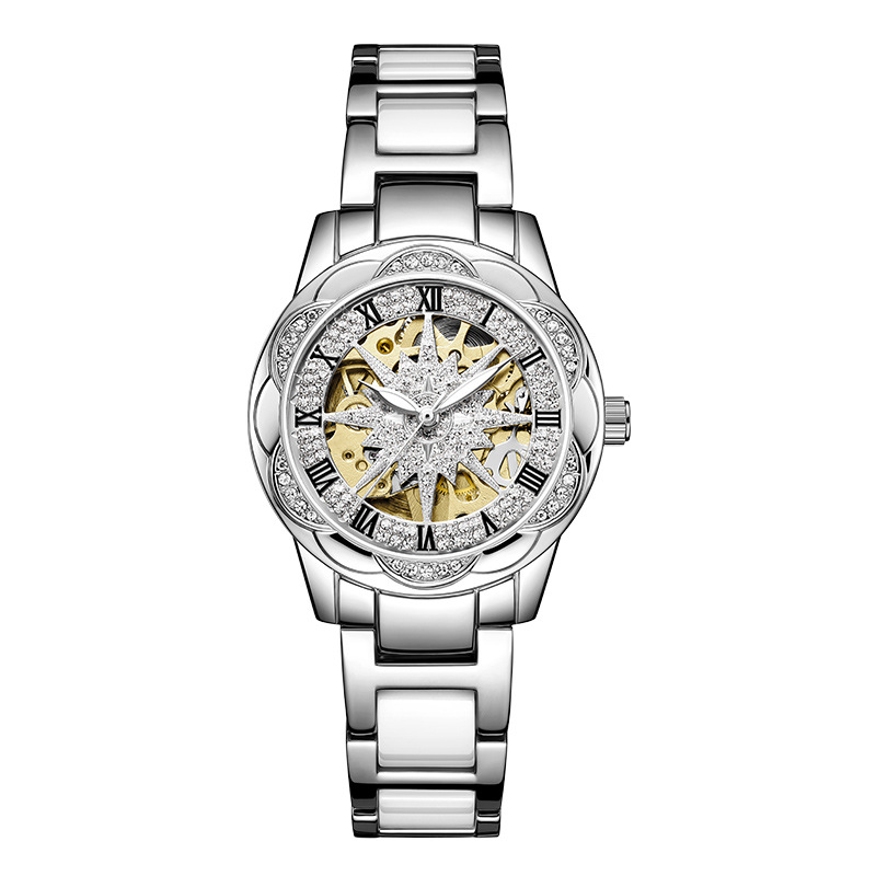 Fashion Double-sided Hollow Automatic Women's Mechanical Watch Waterproof Embossed Sun Pattern Luminous Ceramic Steel Band Wristwatch