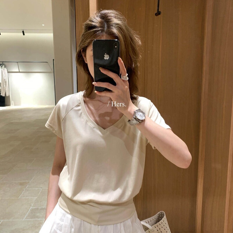 Hers Sweet Summer Korean Style Simple Basic Versatile Slimming Short V-Neck Short Sleeve T-Shirt for Women 80483