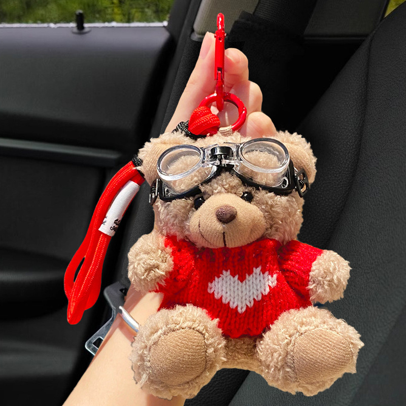 Lindo oso llavero de coche muñeca de felpa de mujer colgante de coche llavero hebilla de llave colgante de bolsa anti-pérdida